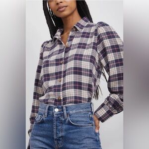 Rails Angelica Button Up Flannel Shirt Puff Shoulder In Almond Pink Navy Size XS